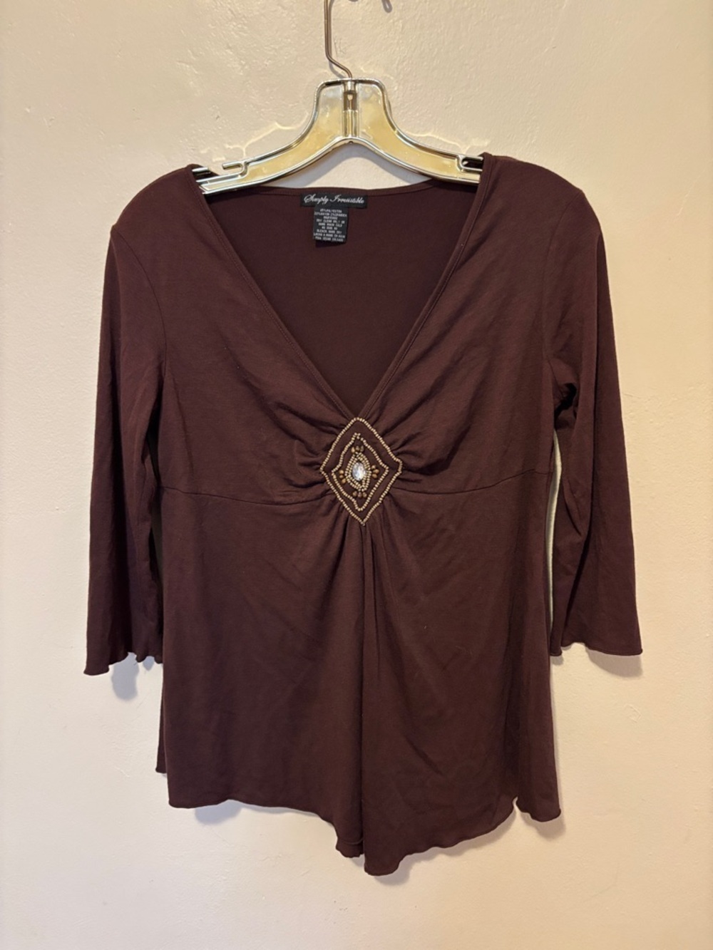 Simply Southern Women's Brown Long-Sleeve V-Neck Top with Center Embellishment